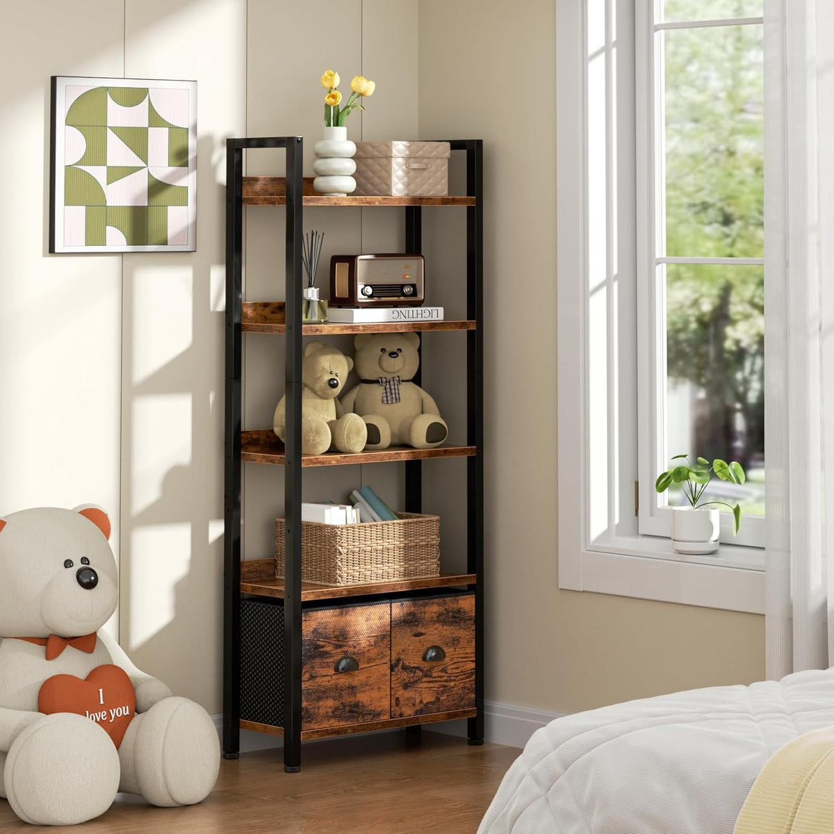 5-Tier Tall Bookshelf with 2 Fabric Drawers A39179