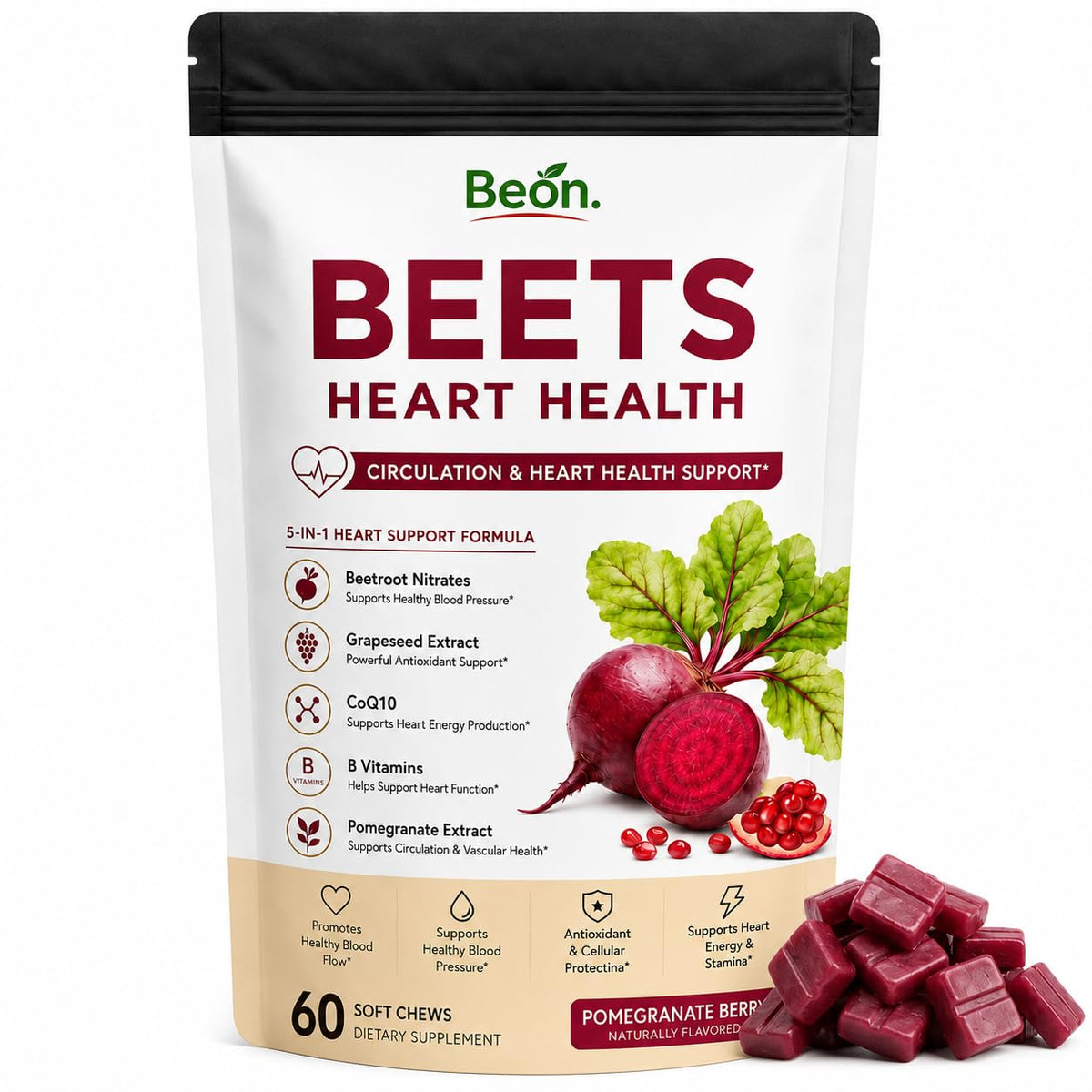 Beet Root Gummies with L-CoQ10 & Grape Seed, Sugar-Free Vegan, 60 Chew X353299