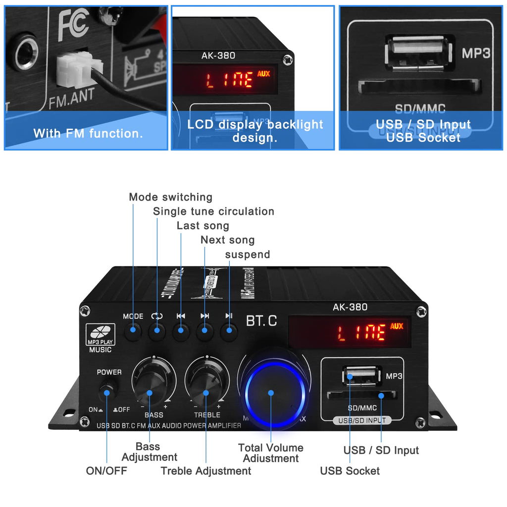 USB SD BT FM AUX Audio Power Amplifier 2.0 CH 40W+40W A4421