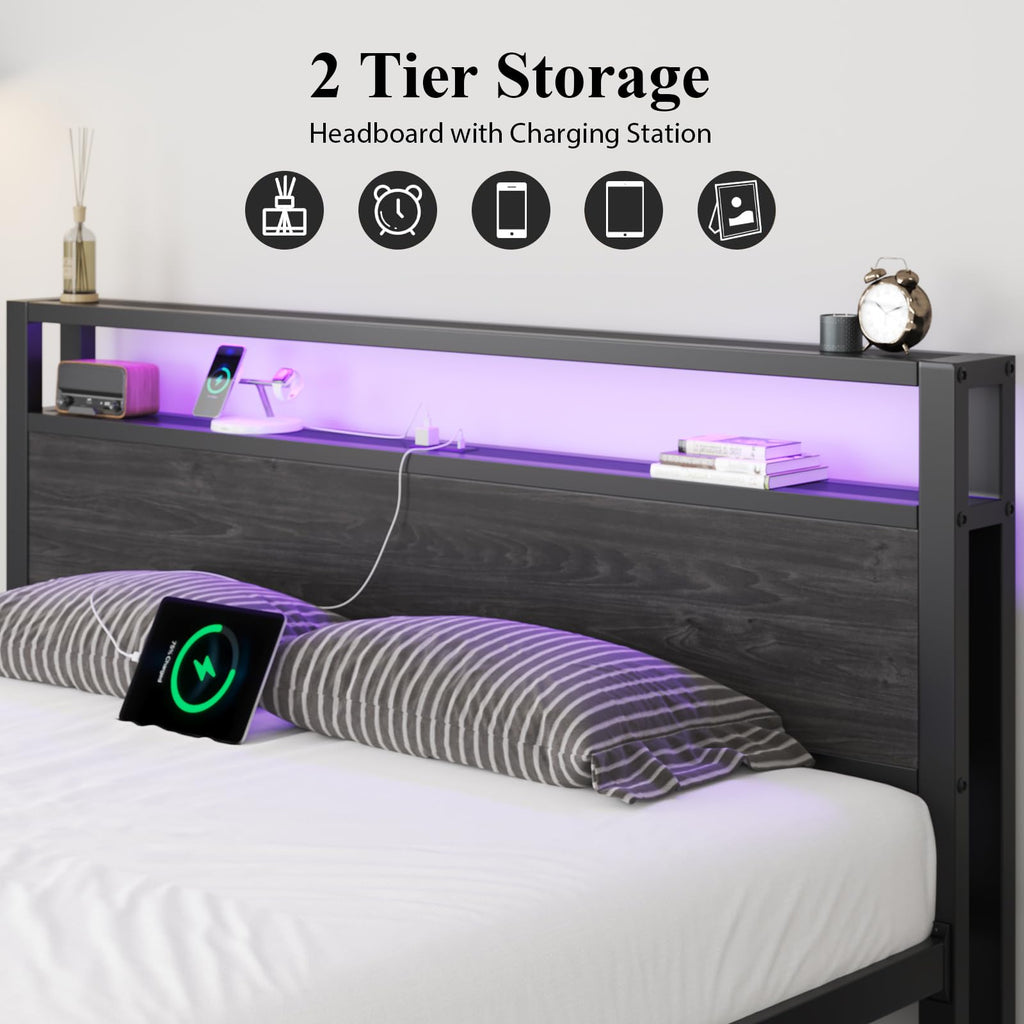 Full Size Bed Frame with Storage Headboard and LED Lights A317