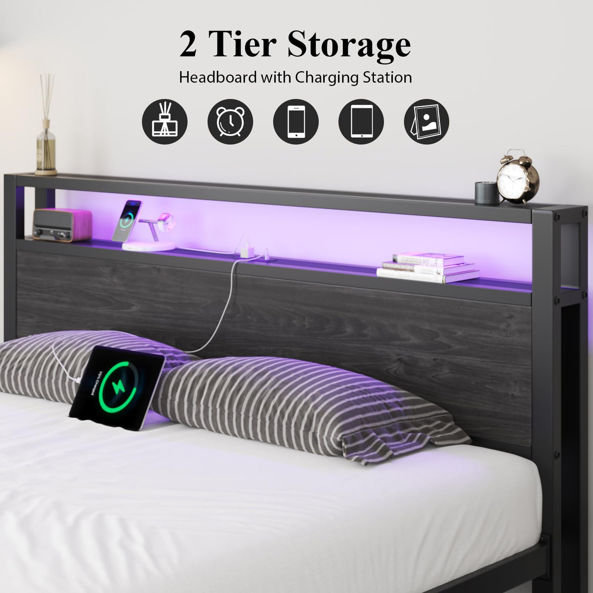 Full Size Bed Frame with Storage Headboard and LED Lights A317
