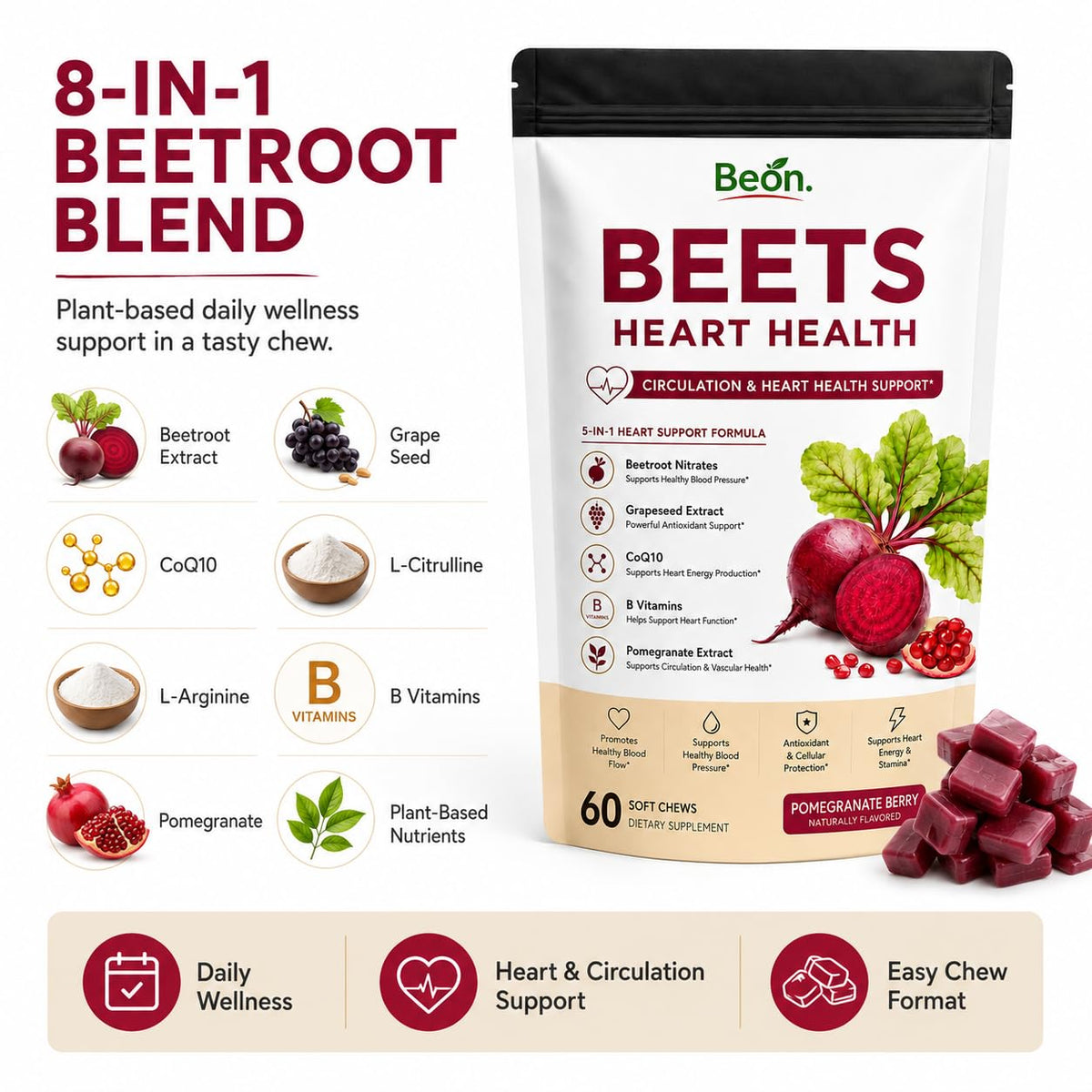 Beet Root Gummies with L-CoQ10 & Grape Seed, Sugar-Free Vegan, 60 Chew X353299