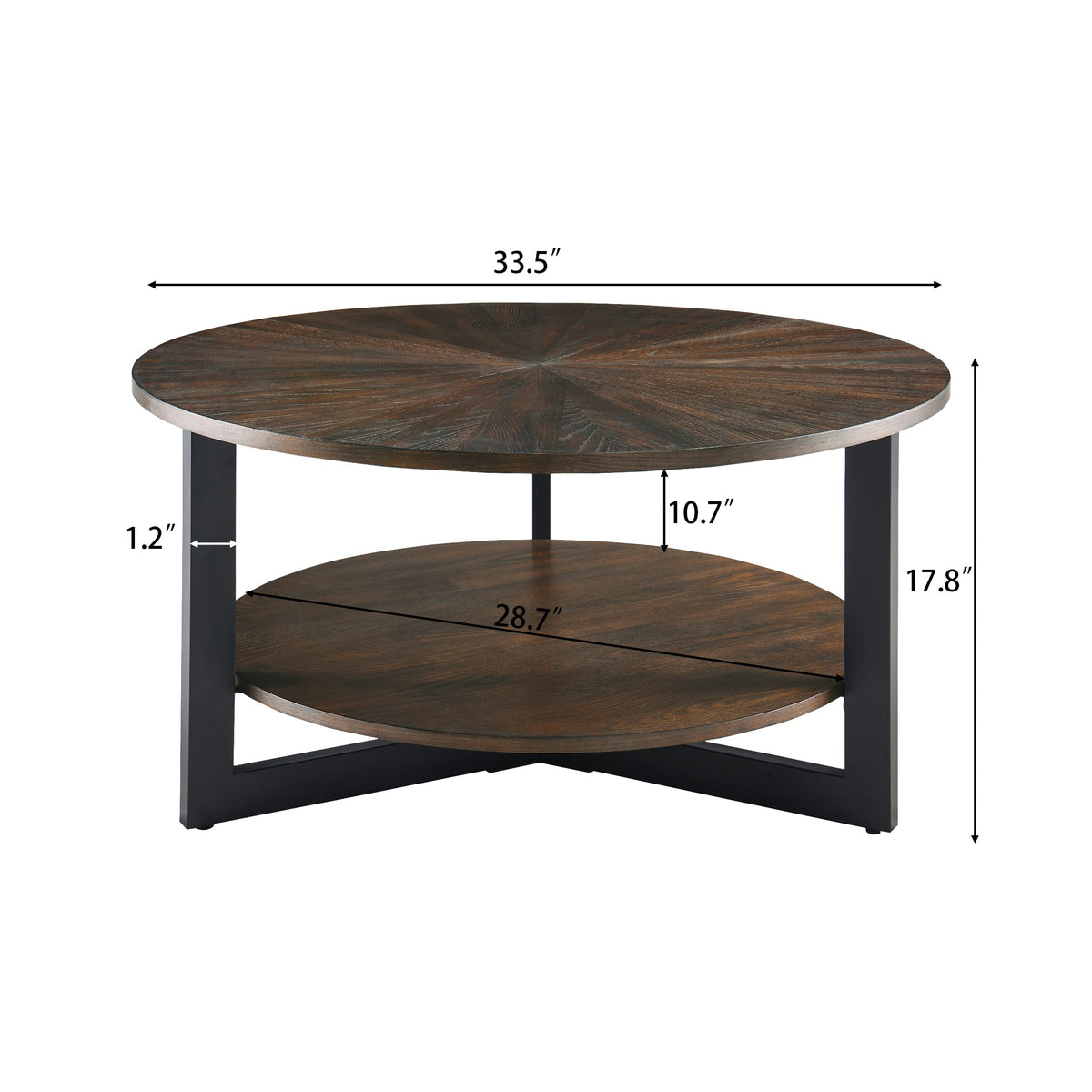 Round Coffee Table with Storage Shelf, Black Metal Legs, 35.3''D x 17.8''H P218