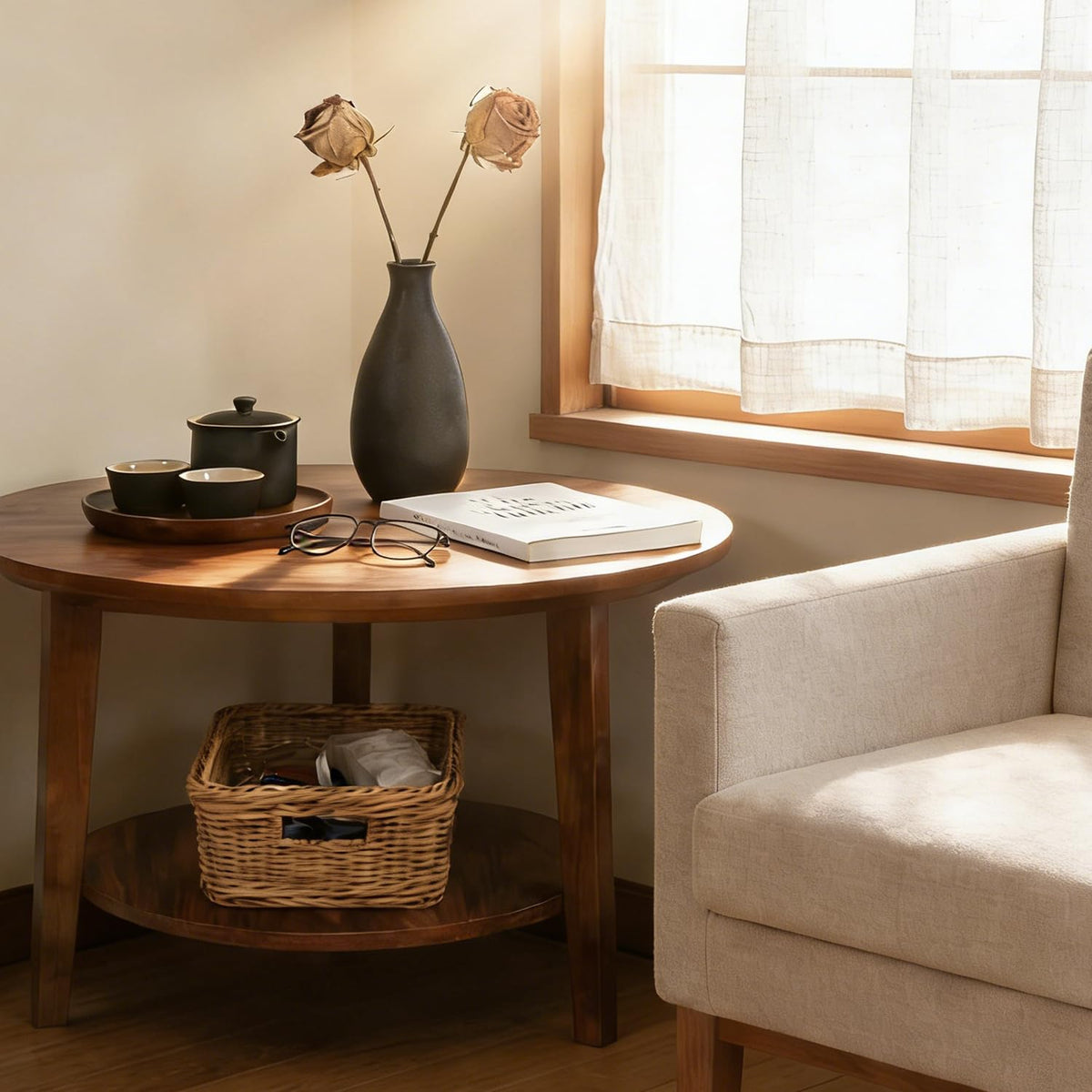 2-Tier Round Wood Coffee Table with Storage Shelf Z764620
