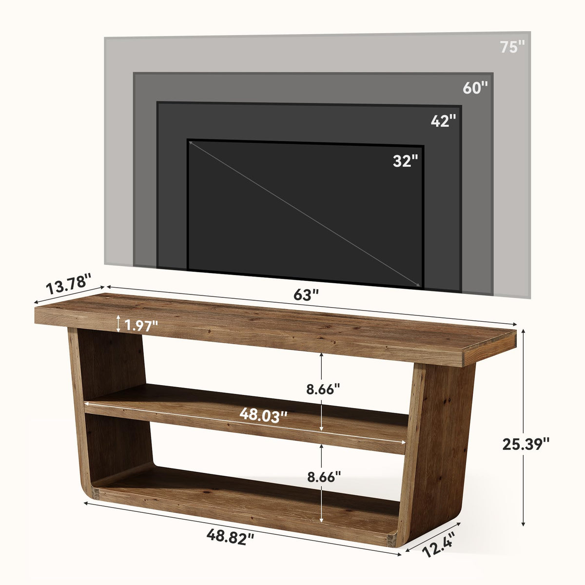 63" Solid Wood 3-Tier TV Stand C5197