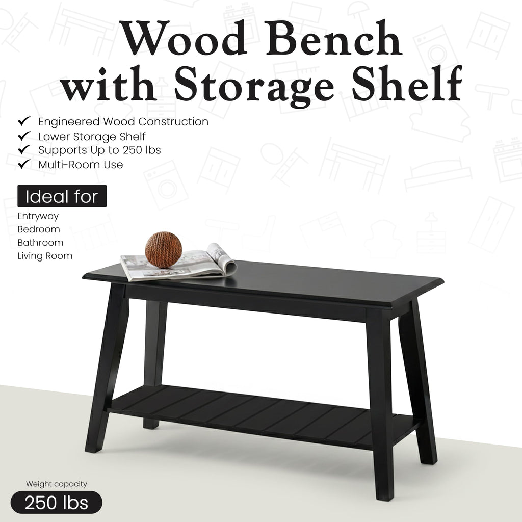 Black Wood Shoe Bench with Storage Shelf L214639
