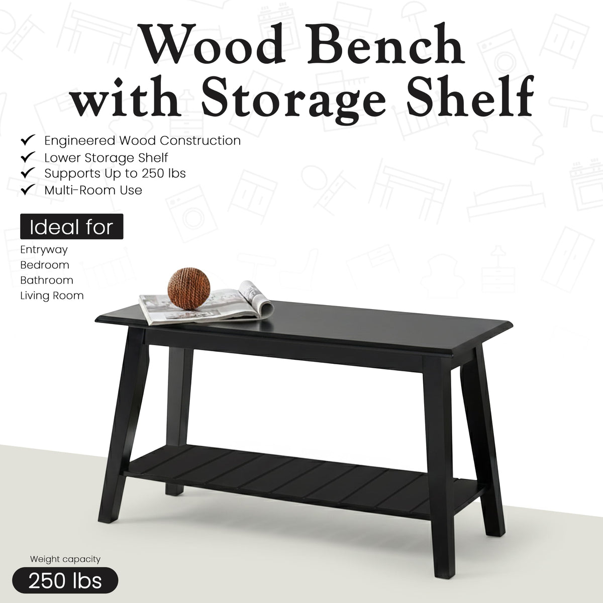 Black Wood Shoe Bench with Storage Shelf L214639