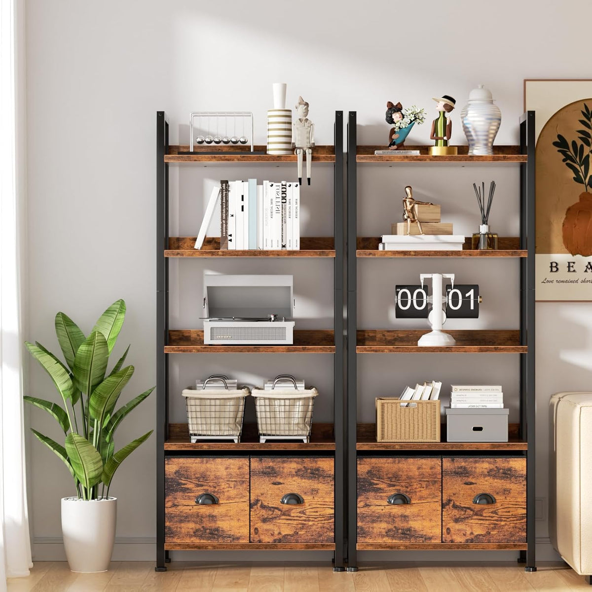 5-Tier Tall Bookshelf with 2 Fabric Drawers A39179
