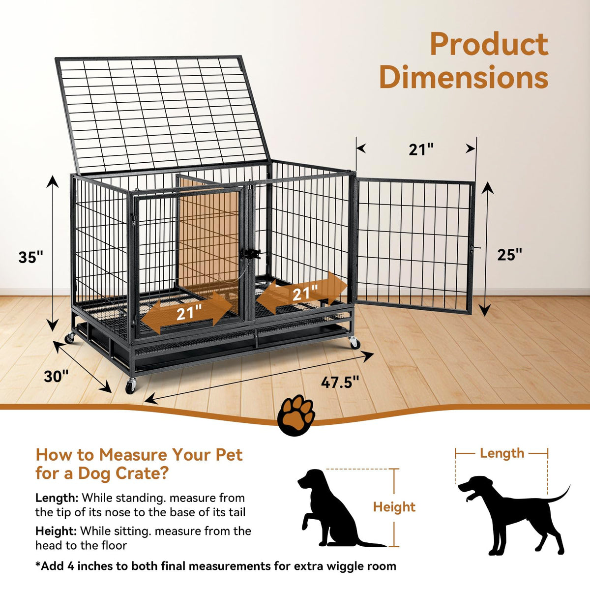 48 inch Large Wire Dog Crate with Lockable Wheels C7709