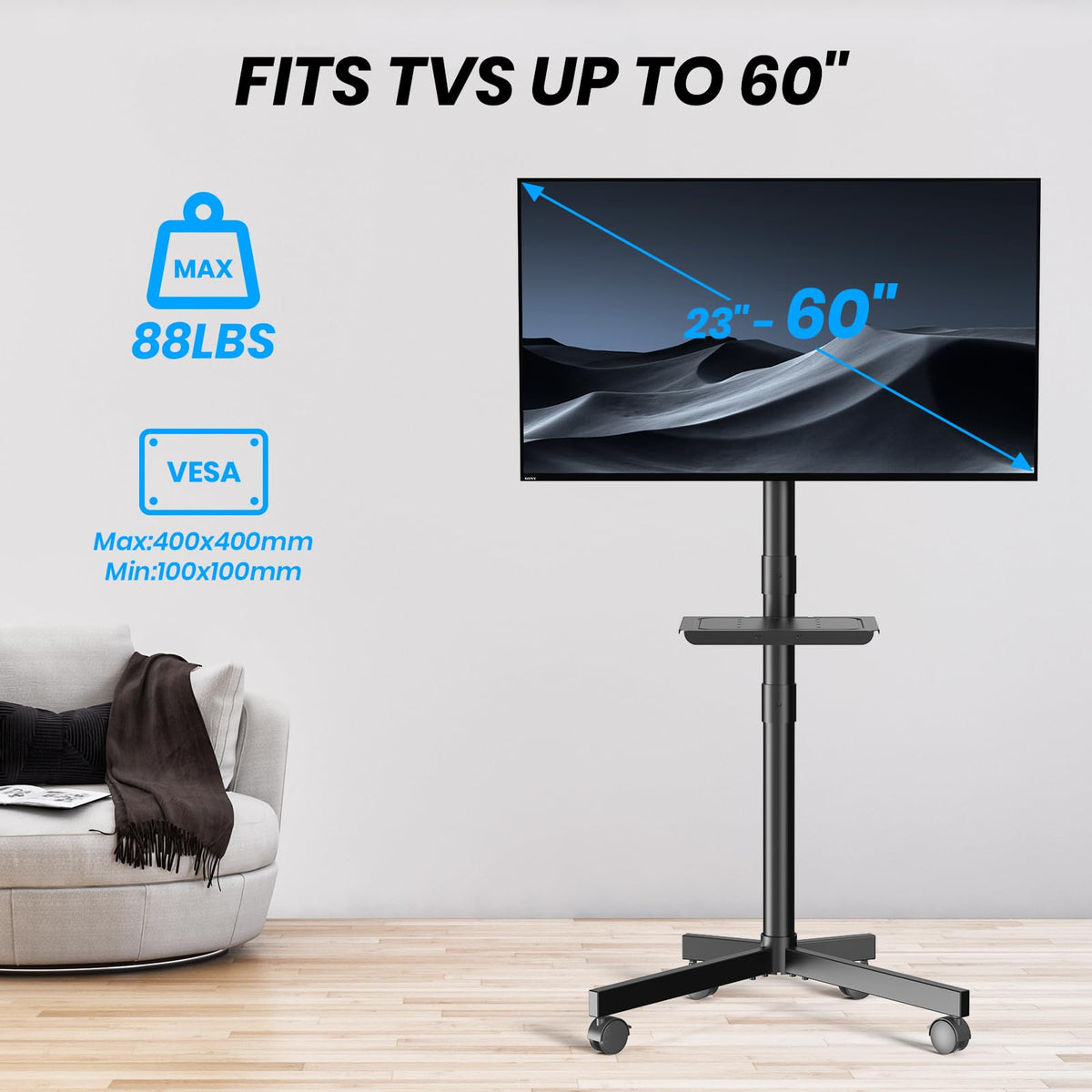 Height Adjustable Rolling TV Cart with Shelf and Locking Wheels Y46056