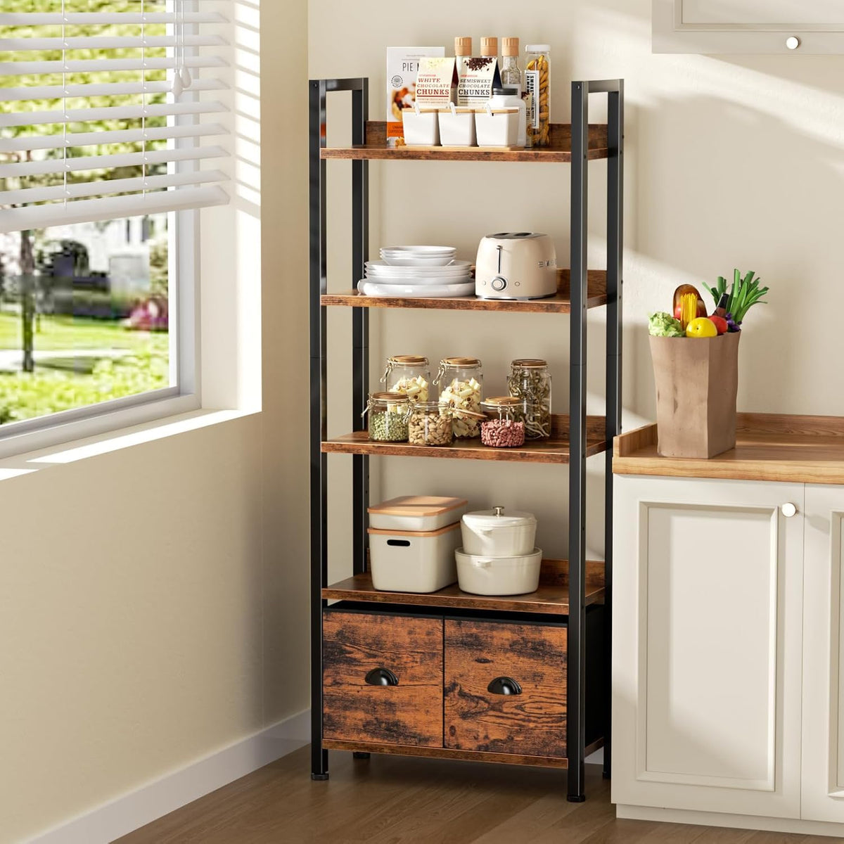 5-Tier Tall Bookshelf with 2 Fabric Drawers A39179
