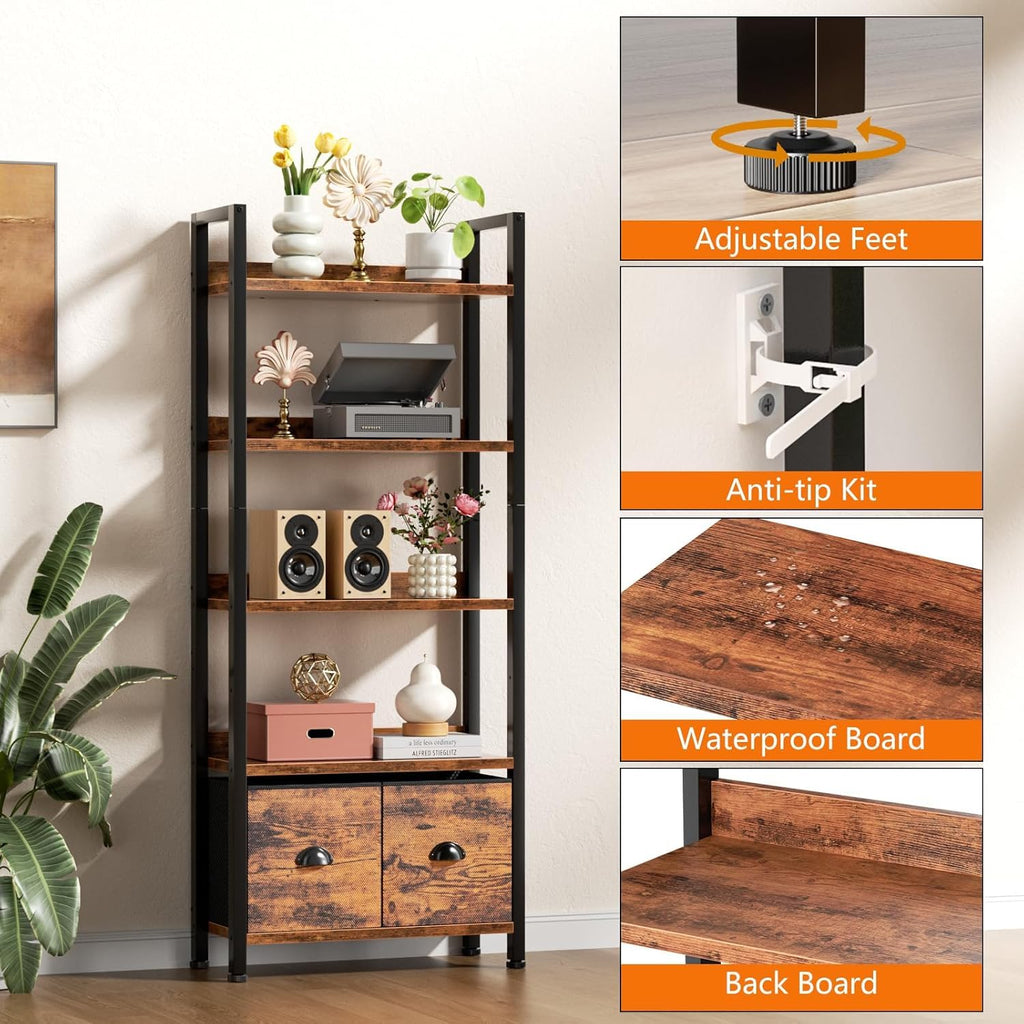 5-Tier Tall Bookshelf with 2 Fabric Drawers A39179