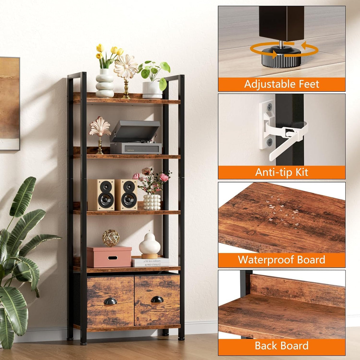 5-Tier Tall Bookshelf with 2 Fabric Drawers A39179