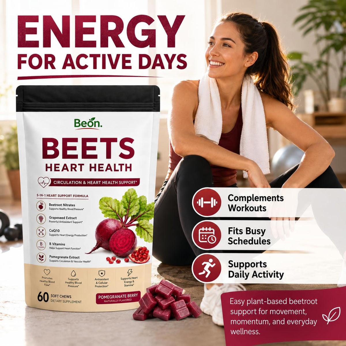 Beet Root Gummies with L-CoQ10 & Grape Seed, Sugar-Free Vegan, 60 Chew X353299