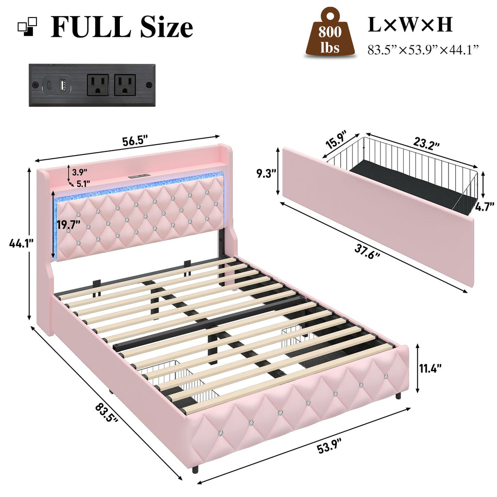 Pink Upholstered Full Size Bed Frame with Storage Headboard and 2 Drawers L521364