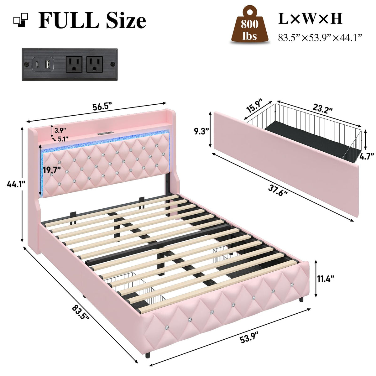 Pink Upholstered Full Size Bed Frame with Storage Headboard and 2 Drawers L521364