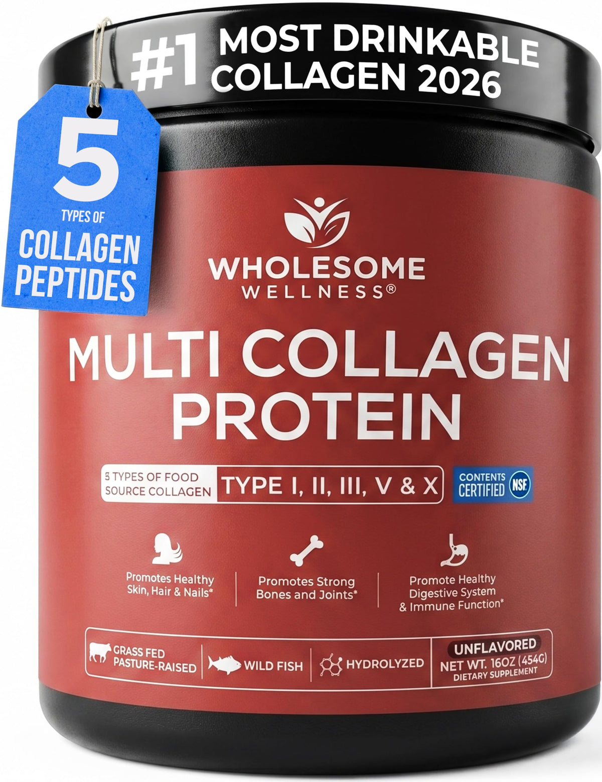 Multi Collagen Peptides Protein Powder, 5 Types Hydrolyzed, Grass-Fed, Non-GMO, Unflavored N925406