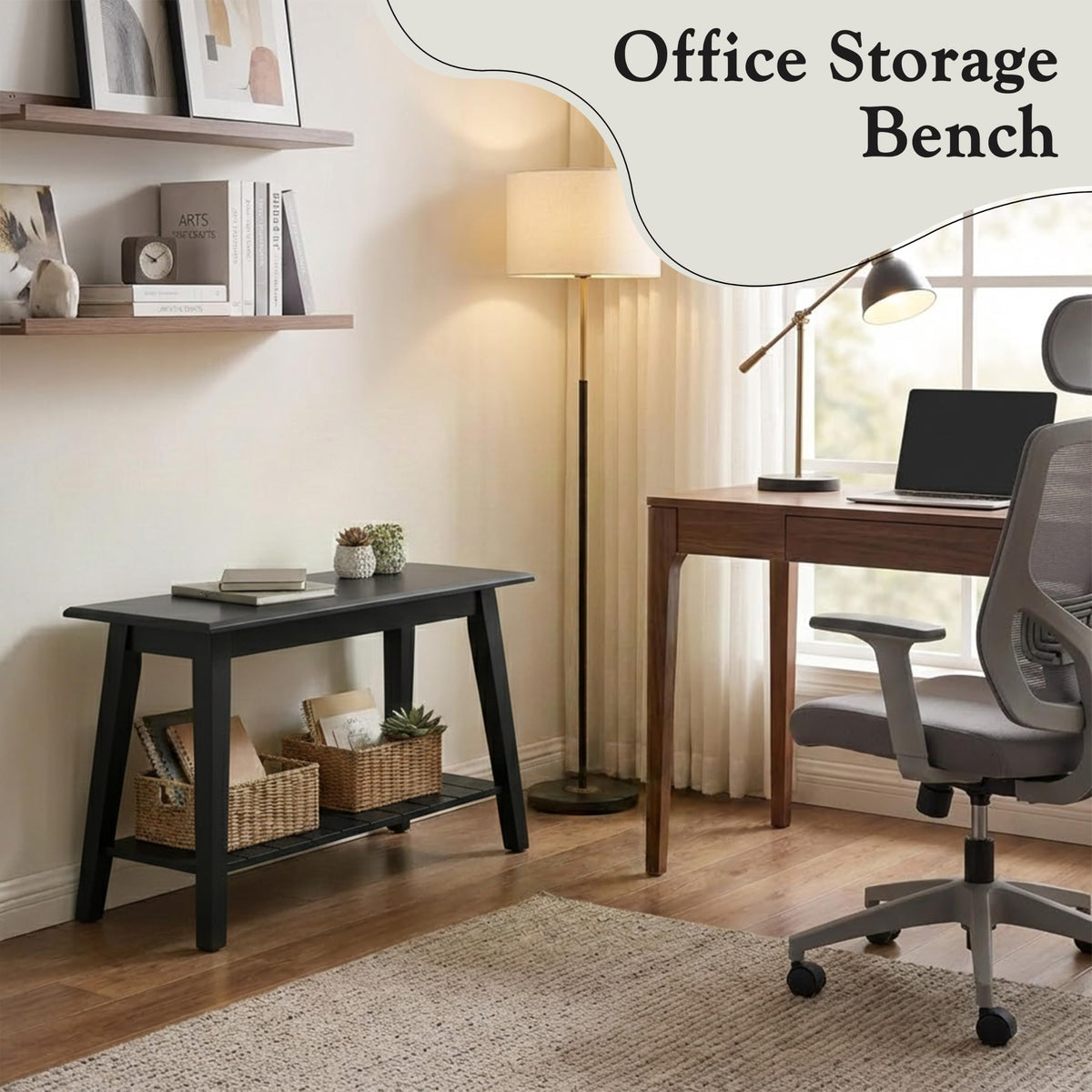 Black Wood Shoe Bench with Storage Shelf L214639