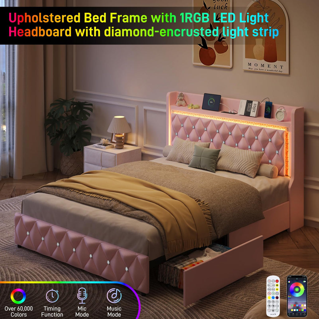 Pink Upholstered Full Size Bed Frame with Storage Headboard and 2 Drawers L521364