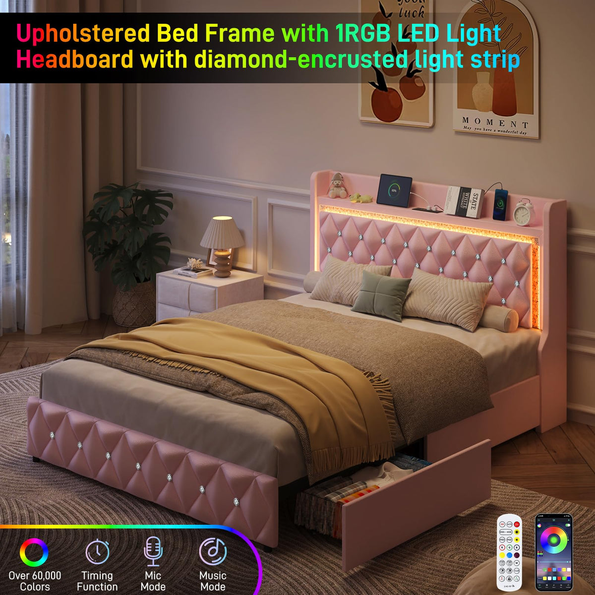 Pink Upholstered Full Size Bed Frame with Storage Headboard and 2 Drawers L521364