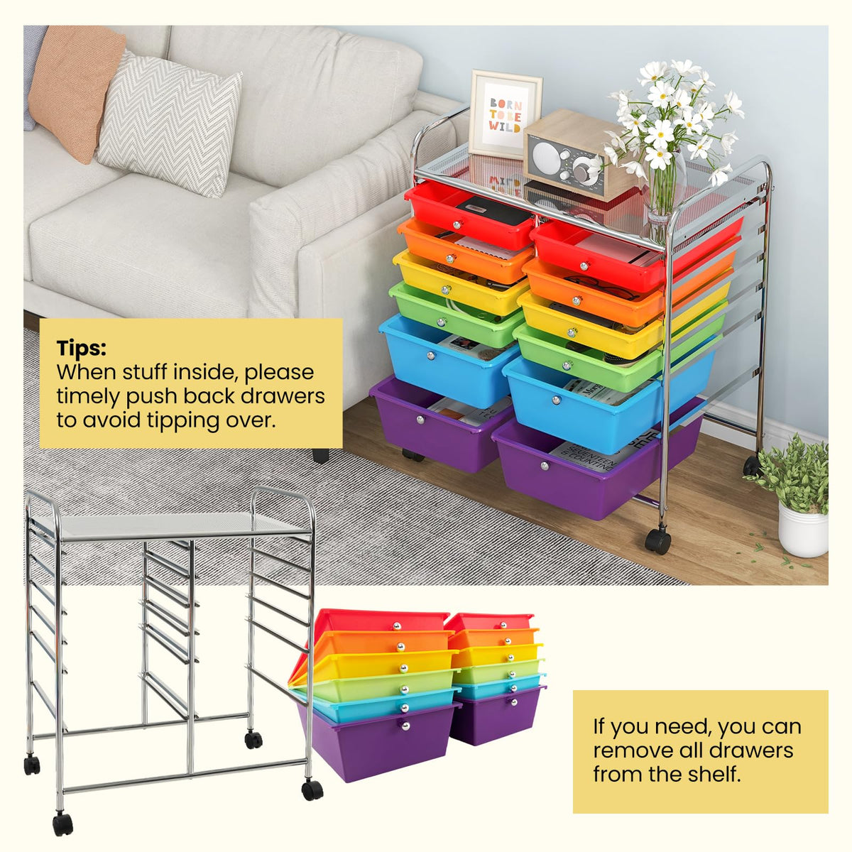 12 Drawer Rolling Storage Cart with Lockable Wheel & Metal Frame T3424