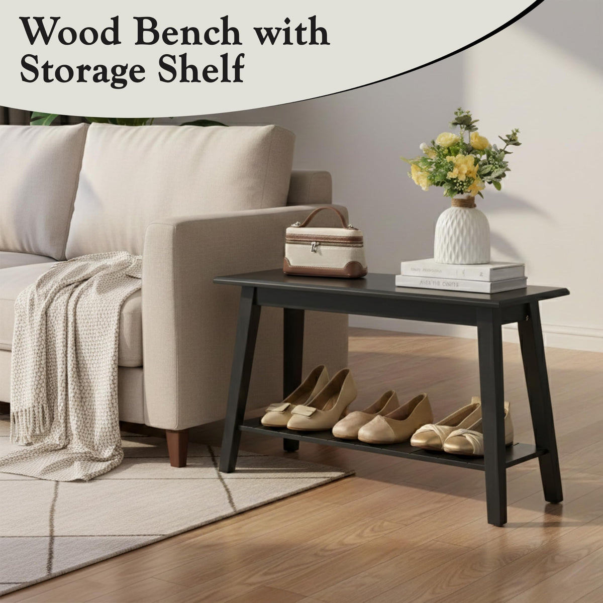 Black Wood Shoe Bench with Storage Shelf L214639