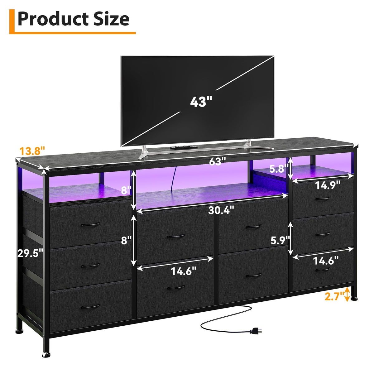 Black Fabric 10 Drawer Dresser I82434