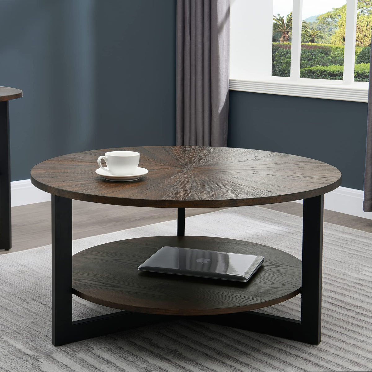 Round Coffee Table with Storage Shelf, Black Metal Legs, 35.3''D x 17.8''H P218