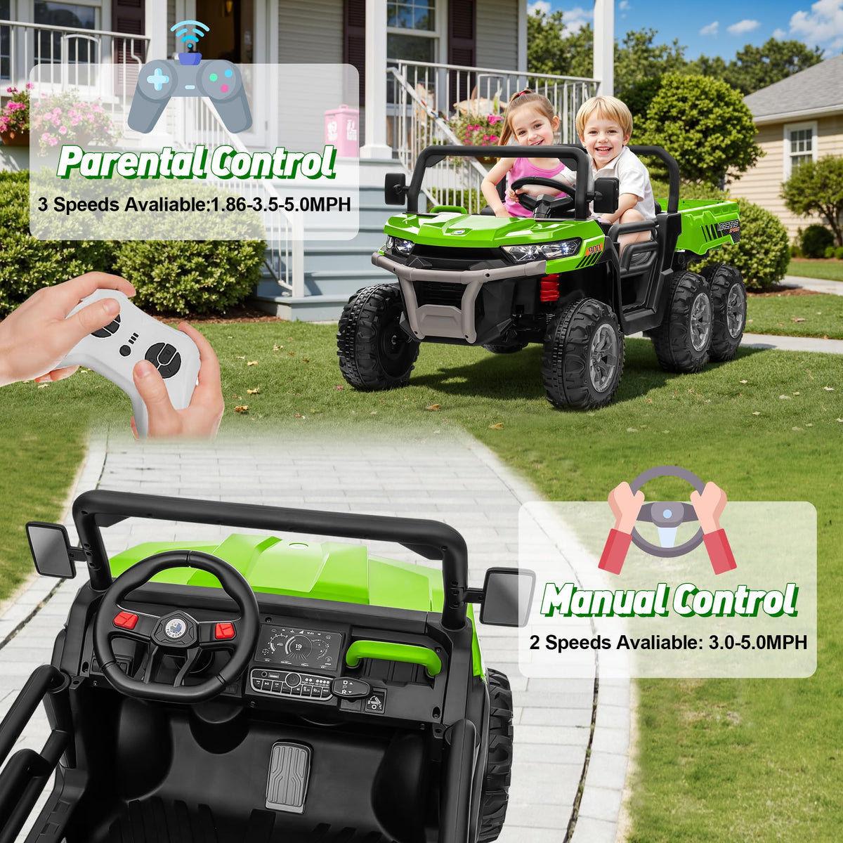 24V 2 Seater 4WD 6-Wheels Battery Powered Ride On Dump Truck K761