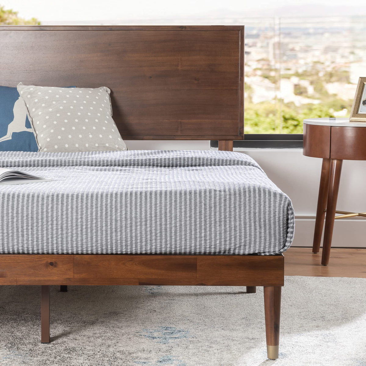King Brown Wood Platform Bed Frame with Adjustable Headboard E9320