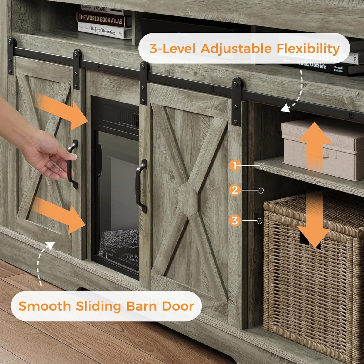 Light Grey Farmhouse TV Stand with Sliding Bar Door E825