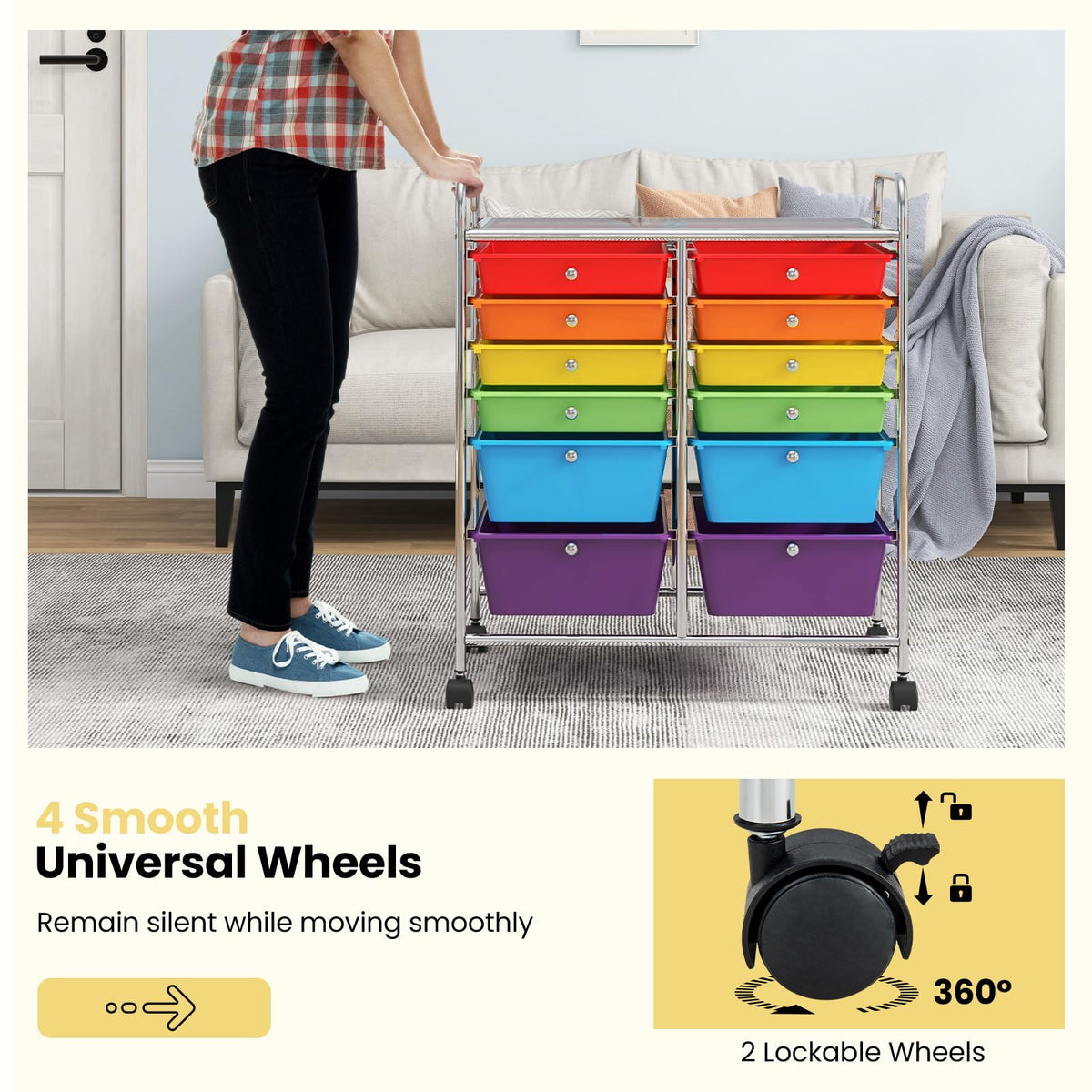 12 Drawer Rolling Storage Cart with Lockable Wheel & Metal Frame T3424