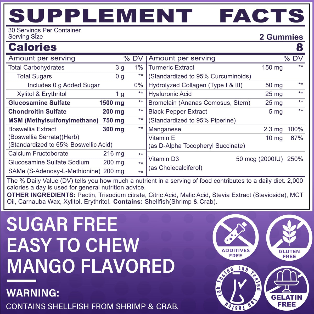 Glucosamine Chondroitin Gummies with MSM, No Sugar, 120 Cts P615