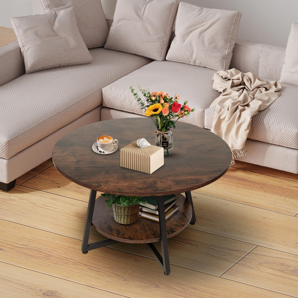 Round 2-Tier Wood Coffee Table with Storage K4486