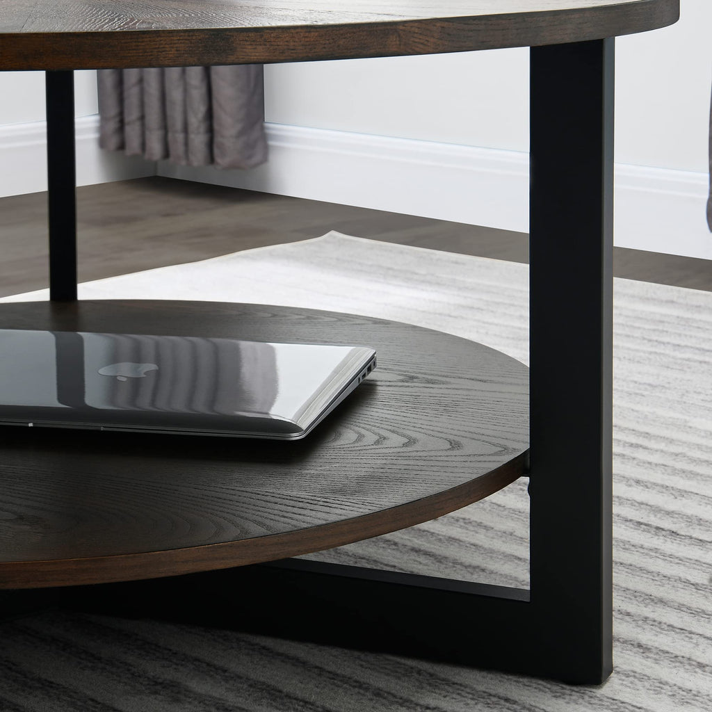 Round Coffee Table with Storage Shelf, Black Metal Legs, 35.3''D x 17.8''H P218