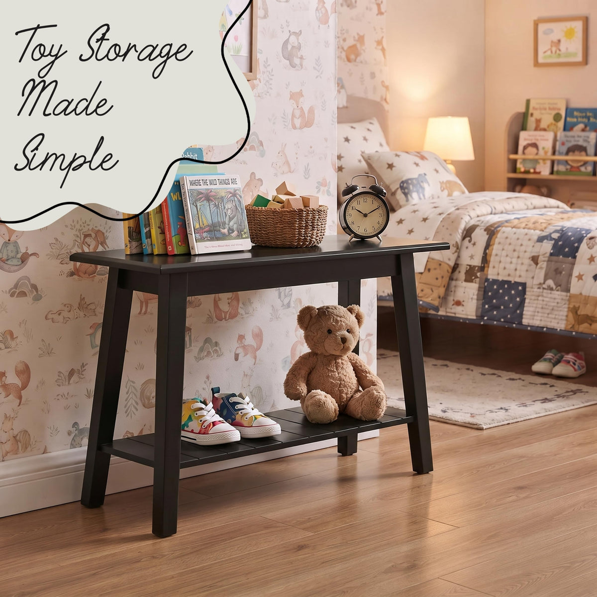 Black Wood Shoe Bench with Storage Shelf L214639