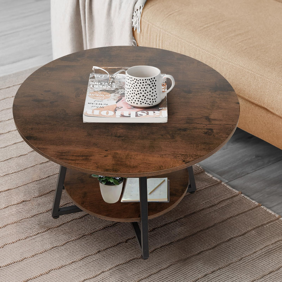 Round 2-Tier Wood Coffee Table with Storage K4486