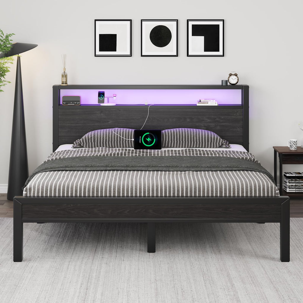 Full Size Bed Frame with Storage Headboard and LED Lights A317