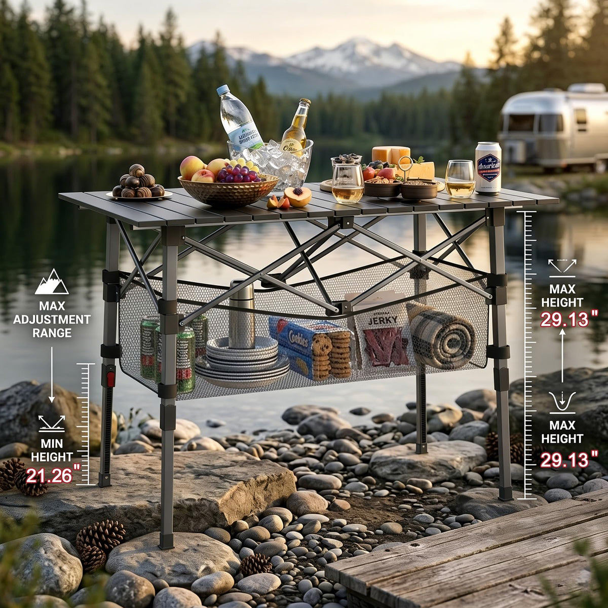Portable Aluminum Folding Camping Table with Storage Basket C3685
