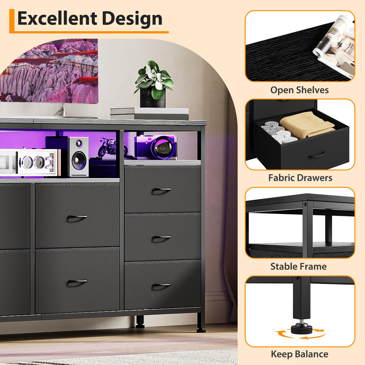 Black Fabric 10 Drawer Dresser I82434