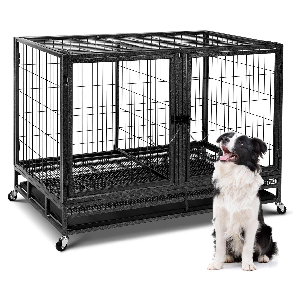 48 inch Large Wire Dog Crate with Lockable Wheels C7709