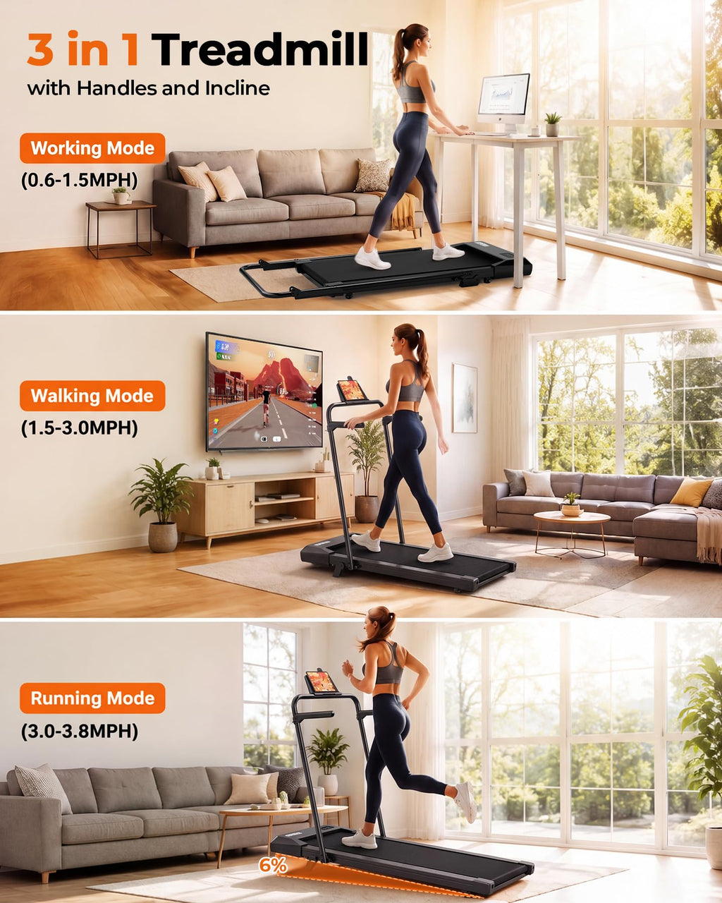 Walking Pad with 6% Incline, 3 in 1 Portable Treadmill, 2.5 HP, 300 Lbs Capacity A84652