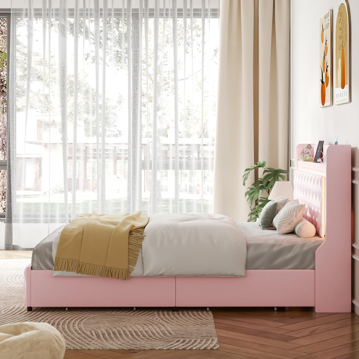Pink Upholstered Full Size Bed Frame with Storage Headboard and 2 Drawers L521364