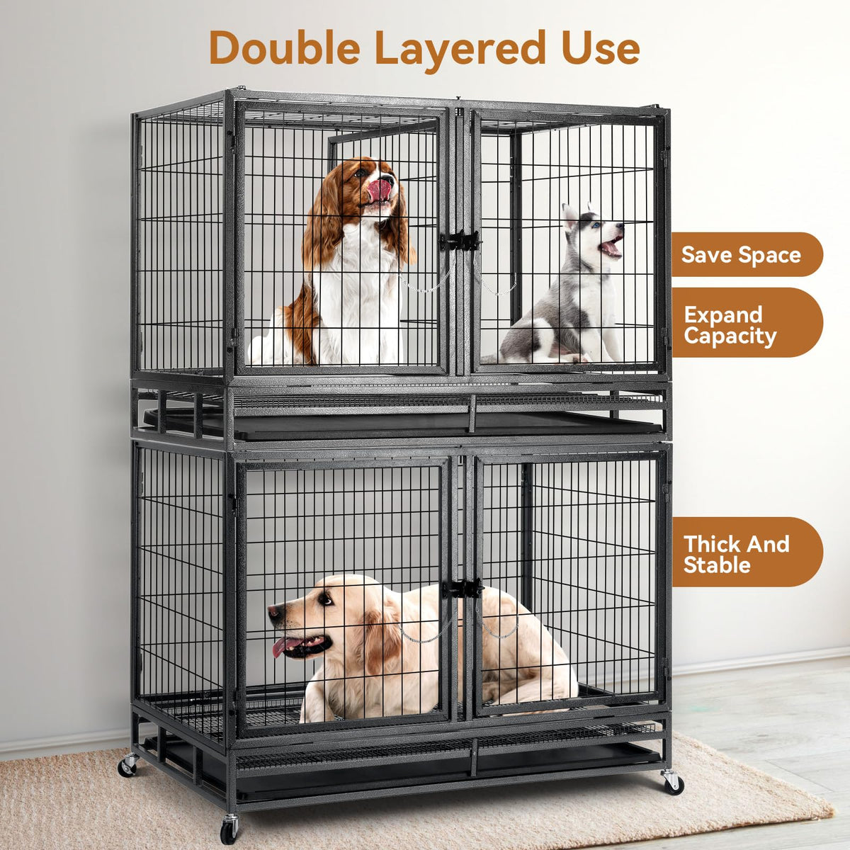 48 inch Large Wire Dog Crate with Lockable Wheels C7709