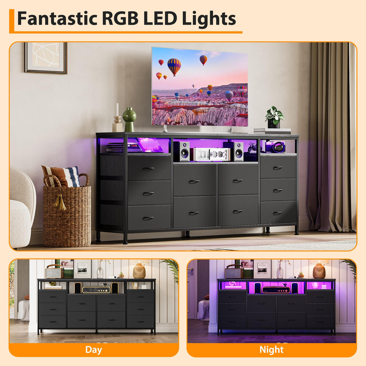 Black Fabric 10 Drawer Dresser I82434