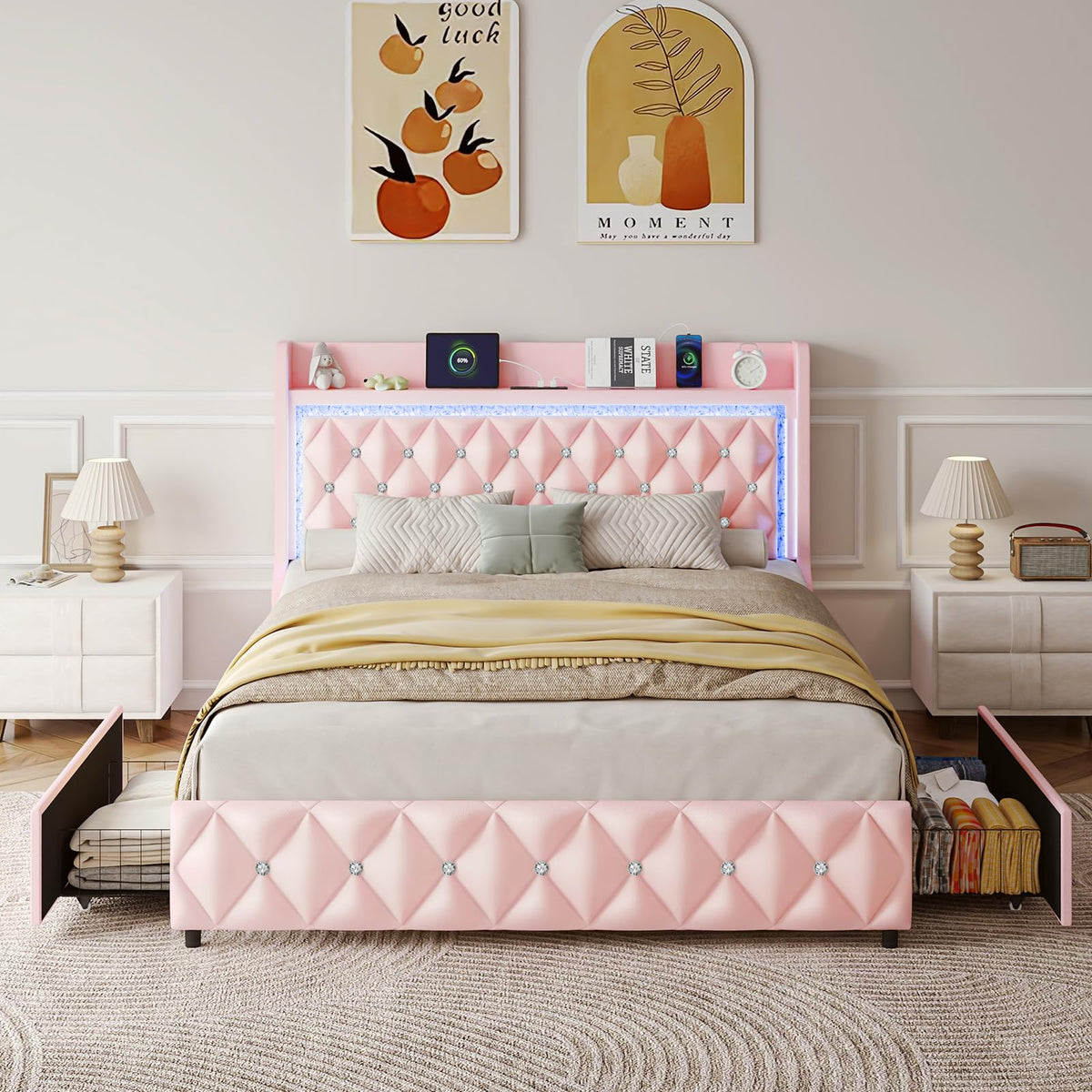 Pink Upholstered Full Size Bed Frame with Storage Headboard and 2 Drawers L521364
