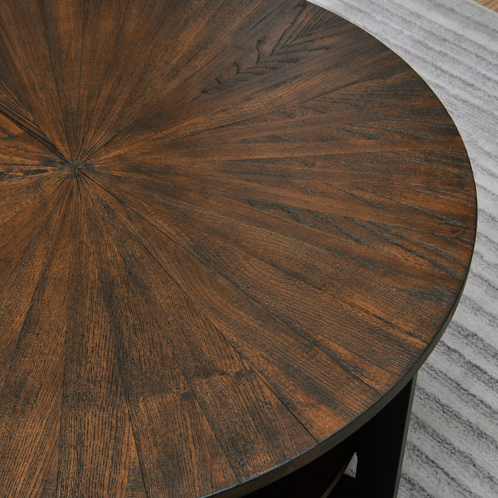 Round Coffee Table with Storage Shelf, Black Metal Legs, 35.3''D x 17.8''H P218