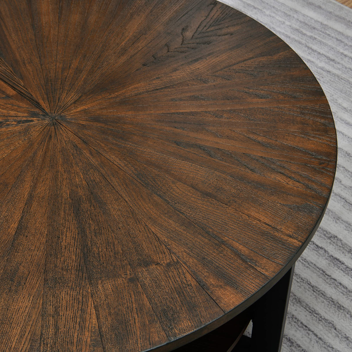 Round Coffee Table with Storage Shelf, Black Metal Legs, 35.3''D x 17.8''H P218