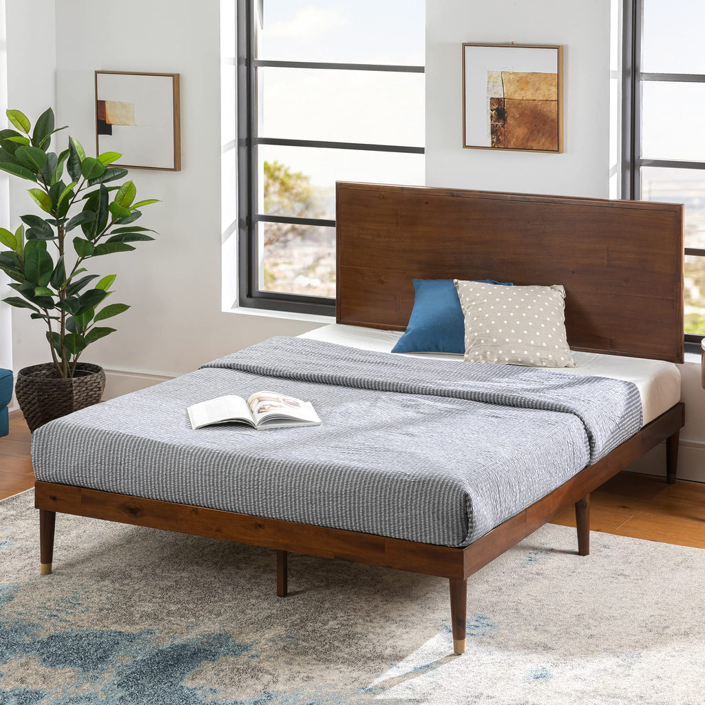 King Brown Wood Platform Bed Frame with Adjustable Headboard E9320