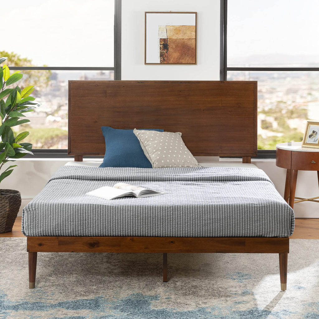 King Brown Wood Platform Bed Frame with Adjustable Headboard E9320